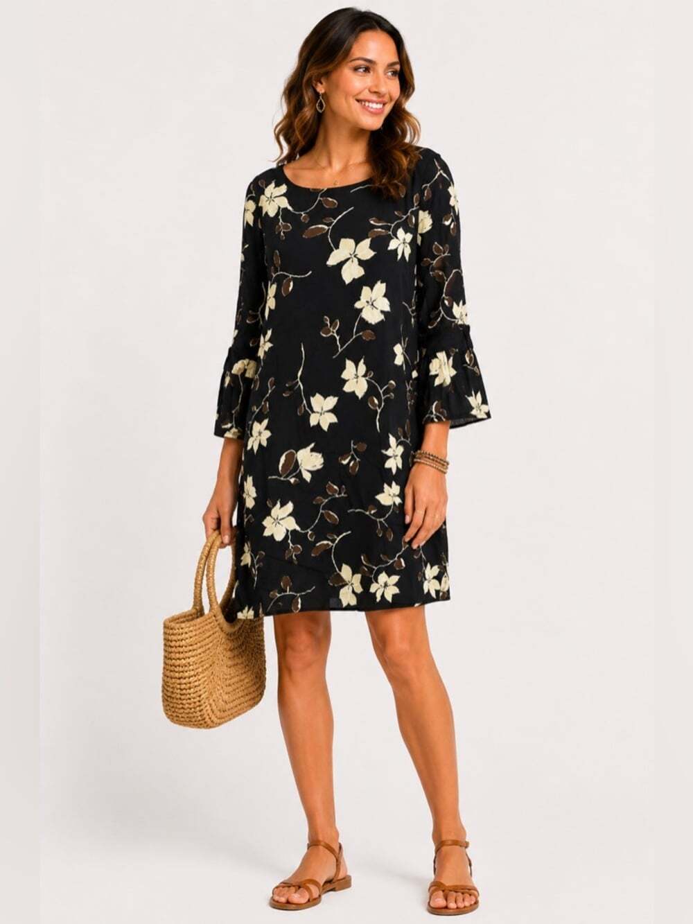 Esqualo Floral Midi Dress Women’s Size 12 Black and Cream Bell Sleeve Boho Chic